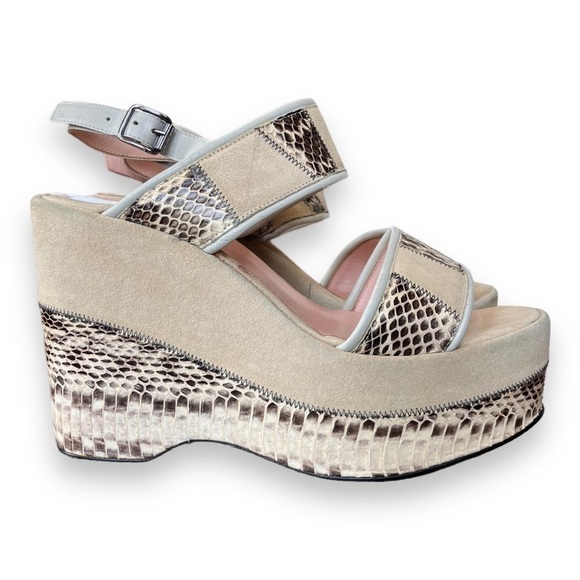 Opening Ceremony Cream Suede Leather & Snakeskin Ankle Strap Platform Wedges - Picture 1 of 12